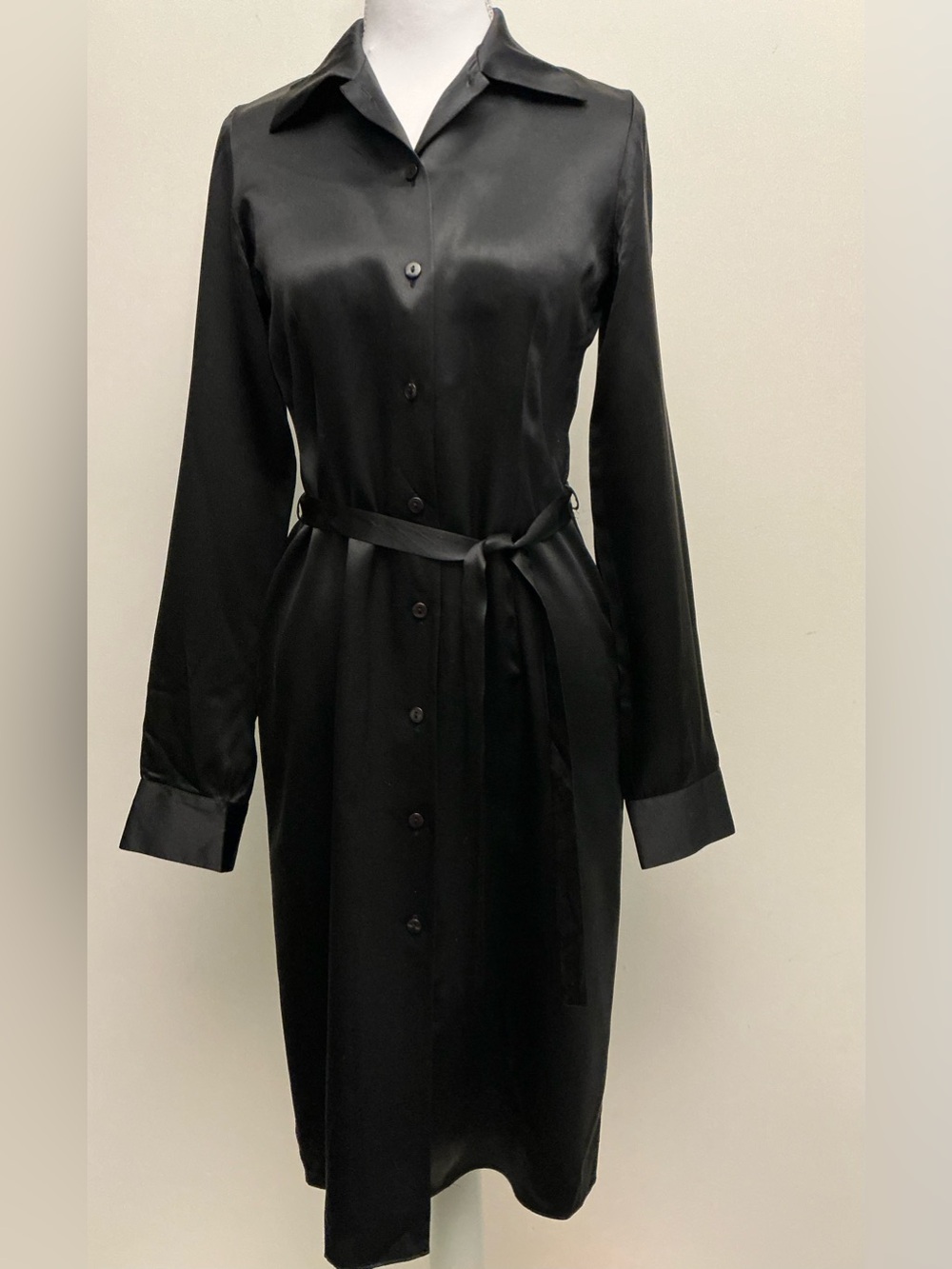 Cynthia Rowley Black Satin Long-Sleeve Shirt Dress with Tie Belt